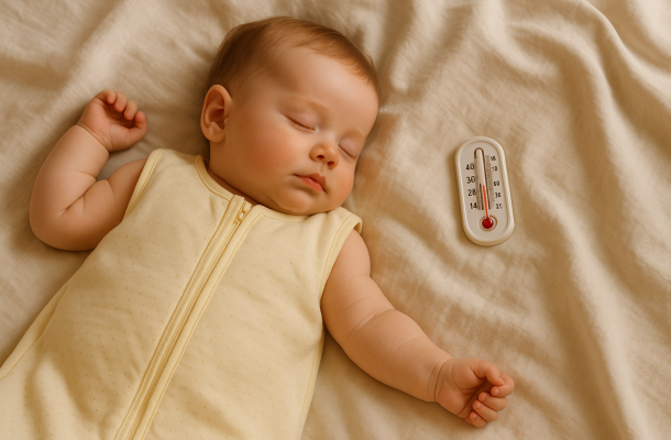 Schlafendes Baby im Sommerschlafsack neben einem Thermometer mit 26 °C Raumtemperatur.