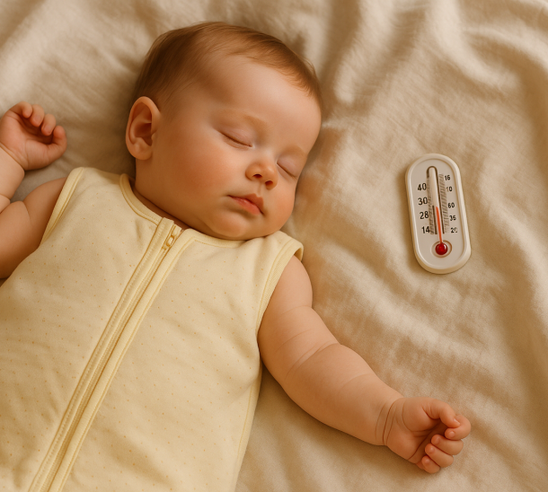 Schlafendes Baby im Sommerschlafsack neben einem Thermometer mit 26 °C Raumtemperatur.