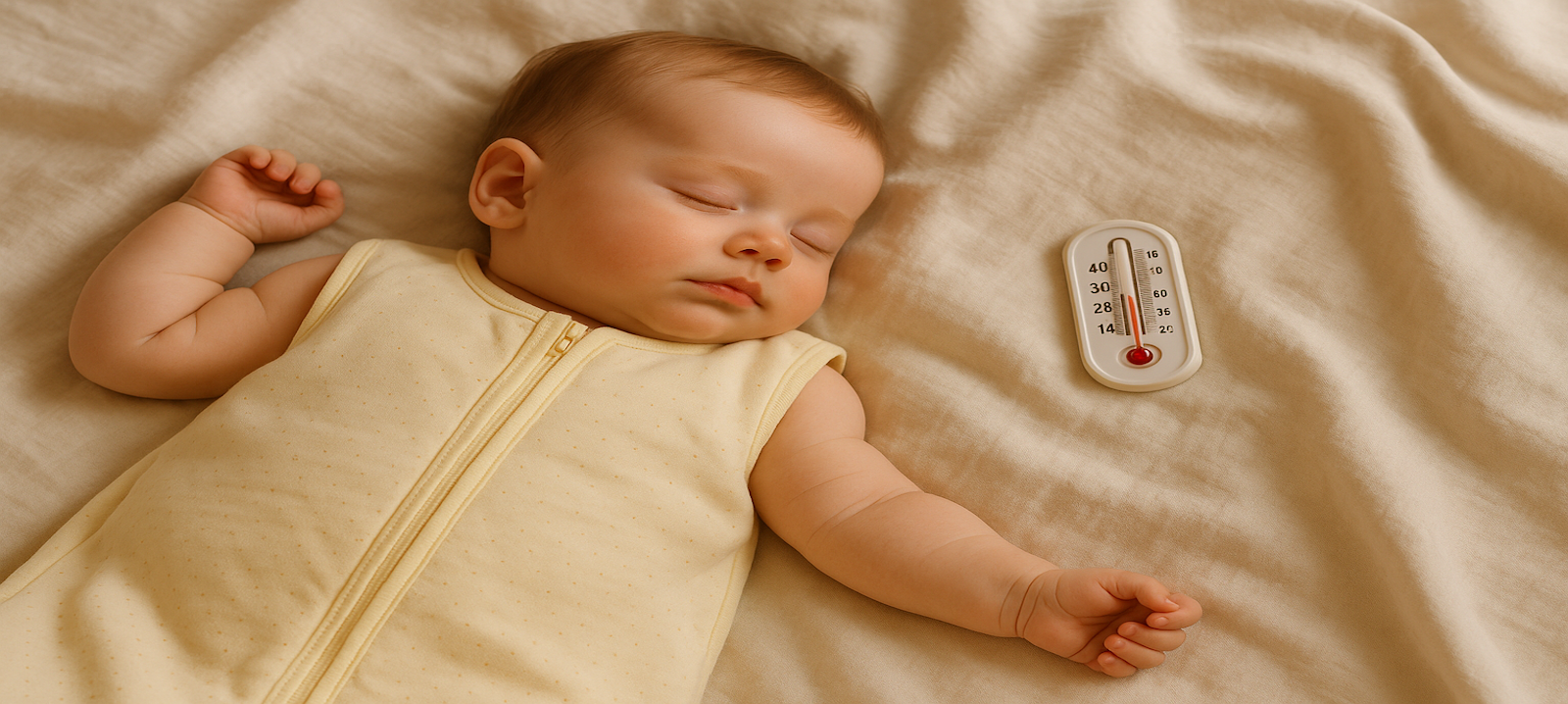 Schlafendes Baby im Schlafsack bei sommerlichen Temperaturen.