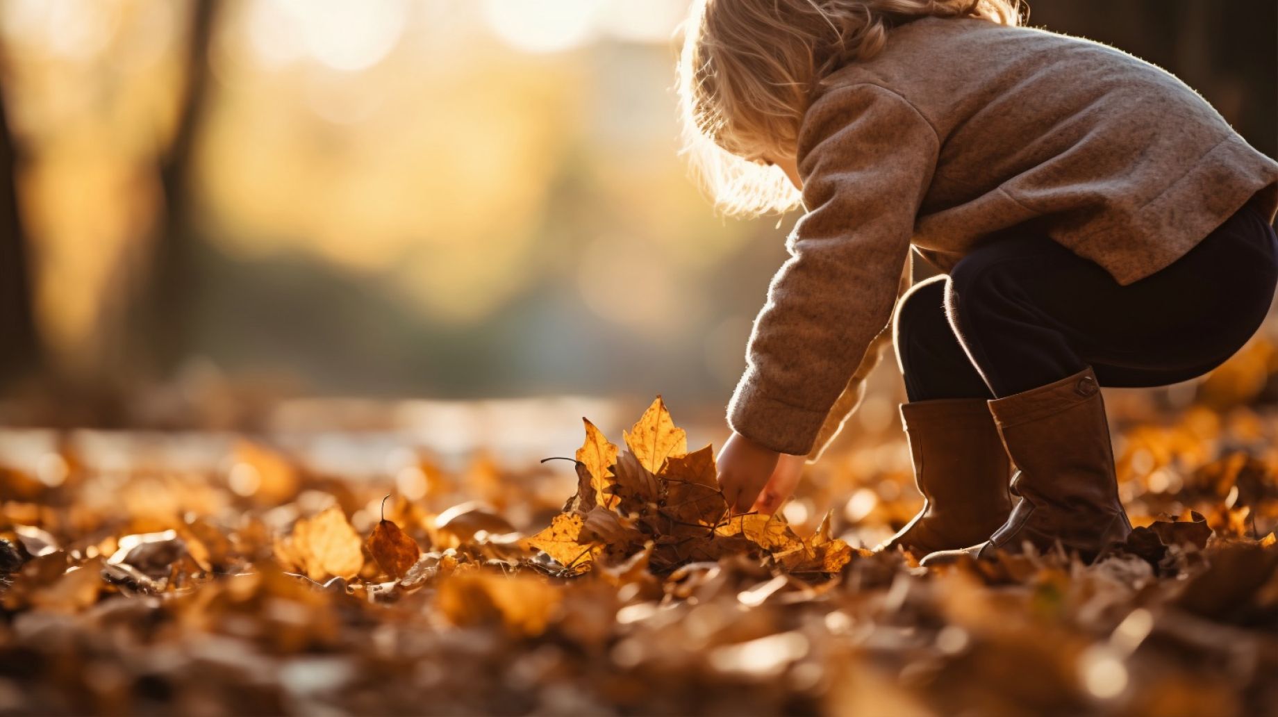 Kind ist in einem Wald und hebt ein buntes Blatt auf.