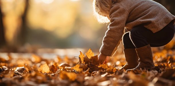 Kind ist in einem Wald und hebt ein buntes Blatt auf.