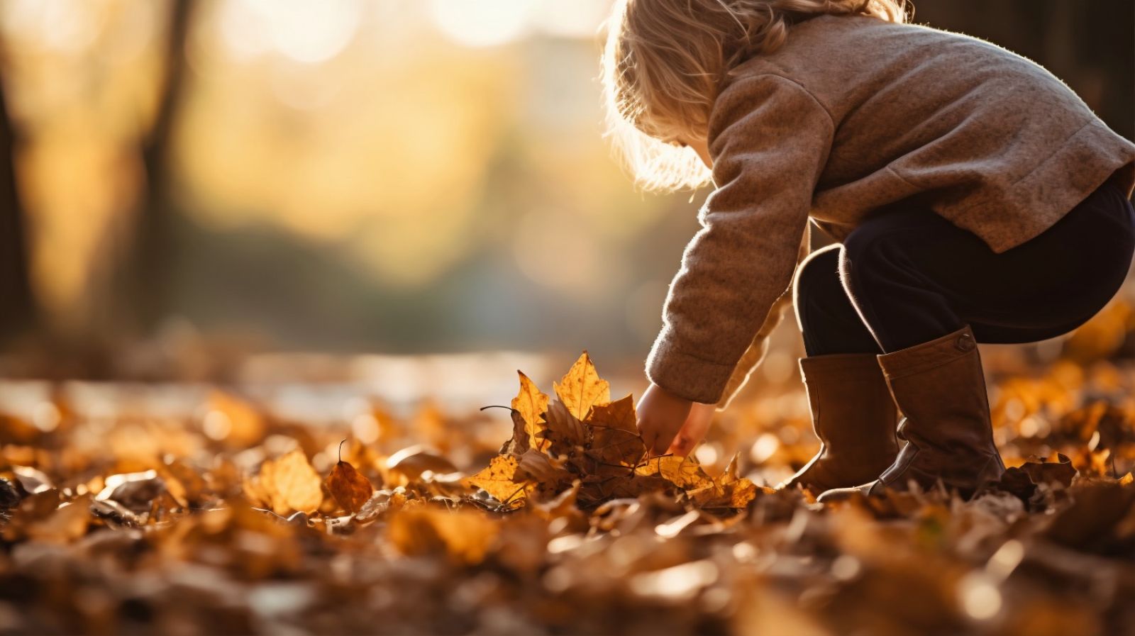 Kind ist in einem Wald und hebt ein buntes Blatt auf.
