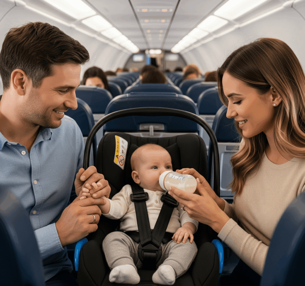 Baby im Flugzeug mit Mama und Papa. Wir soeben gefüttert.